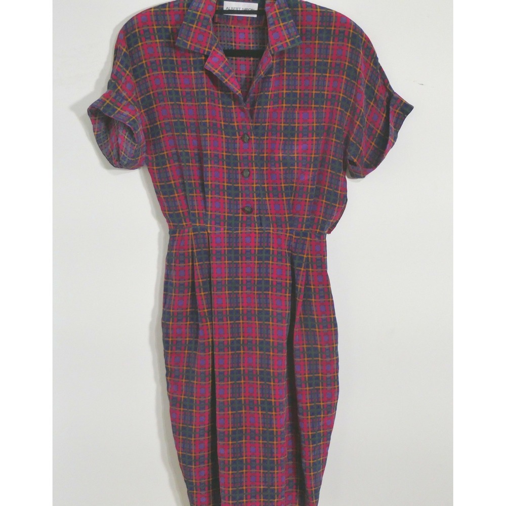 Albert Nipon Womens Silk Dress 6 Red Purple Plaid Vintage 80s Retro Librarian